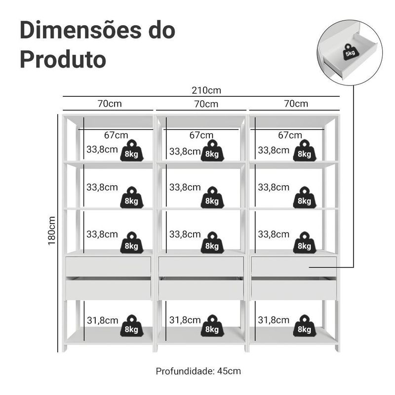 Guarda-roupa closet modulado 6 gavetas 210 cm valencia madesa