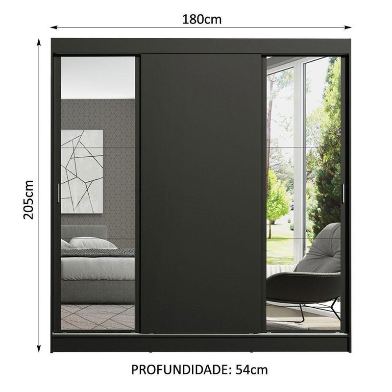 Guarda-roupa casal madesa reno 3 portas de correr com espelhos - preto