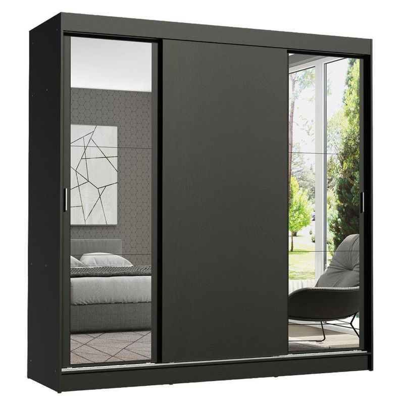 Guarda-roupa casal madesa reno 3 portas de correr com espelhos - preto