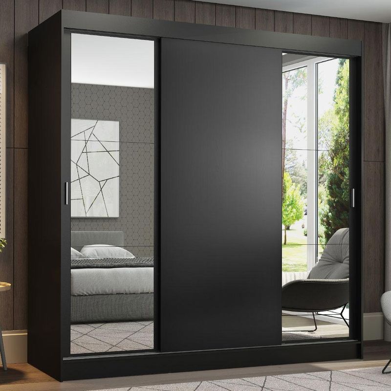 Guarda-roupa casal madesa reno 3 portas de correr com espelhos - preto