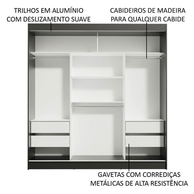 Guarda-roupa casal madesa reno 3 portas de correr com espelhos - preto