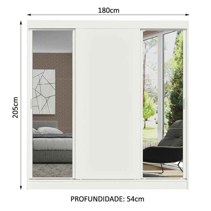 Guarda-roupa casal madesa reno 3 portas de correr com espelhos - branco
