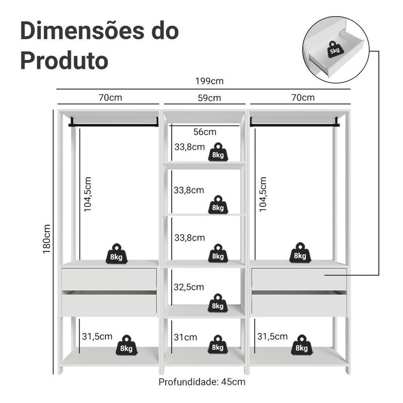 Guarda-roupa closet modulado 4 gavetas 199 cm branco valencia madesa