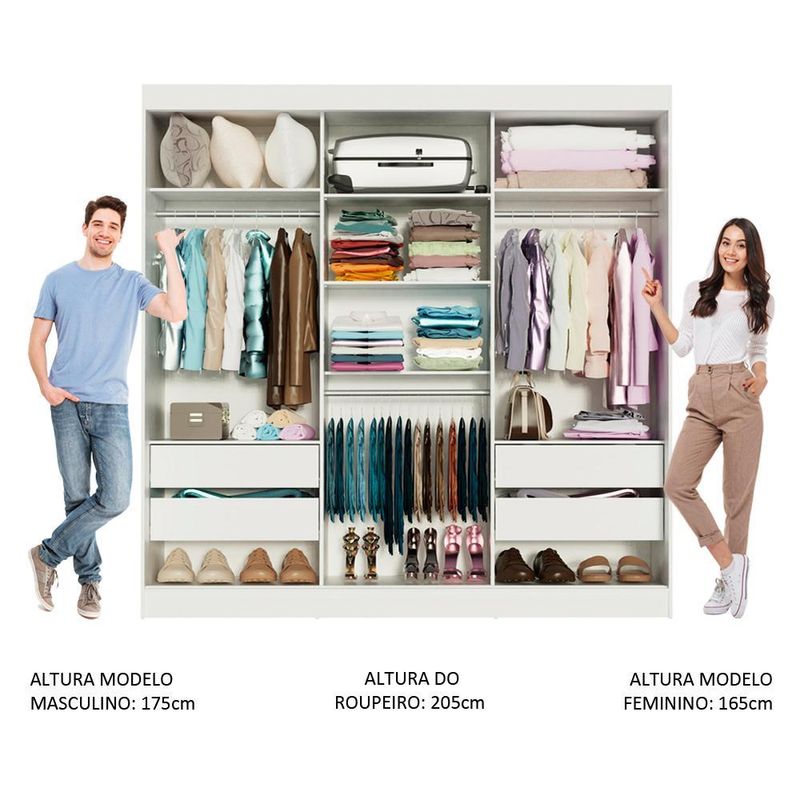 Guarda-roupa casal madesa veneza 3 portas de correr com espelhos - branco