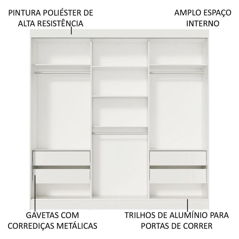 Guarda-roupa casal madesa veneza 3 portas de correr com espelhos - branco
