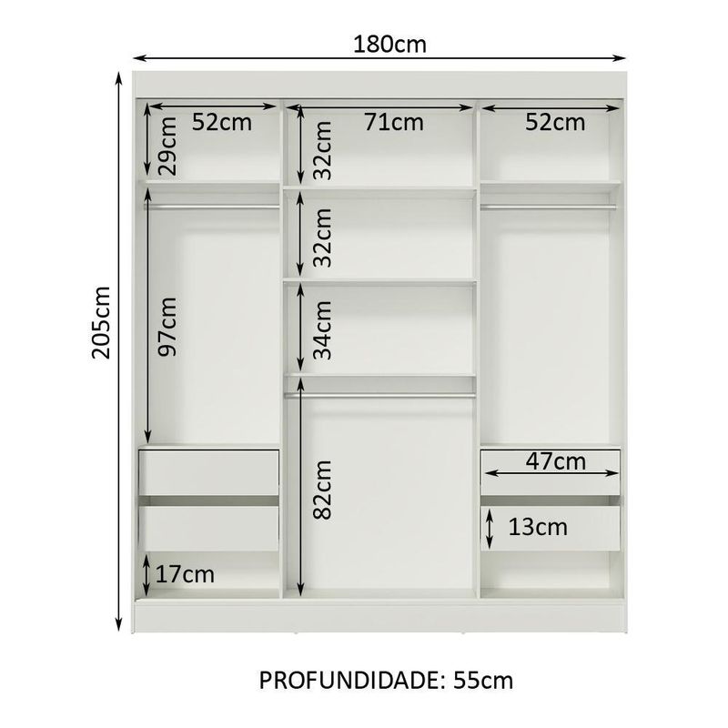 Guarda-roupa casal madesa veneza 3 portas de correr com espelhos - branco