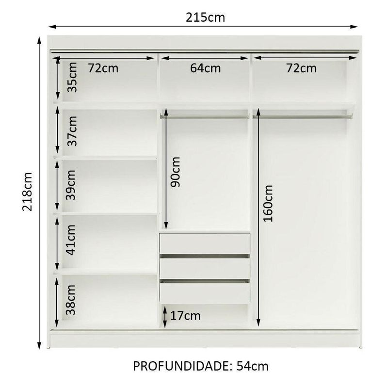 Guarda-roupa casal madesa istambul 3 portas de correr com espelhos 3 gavetas - branco