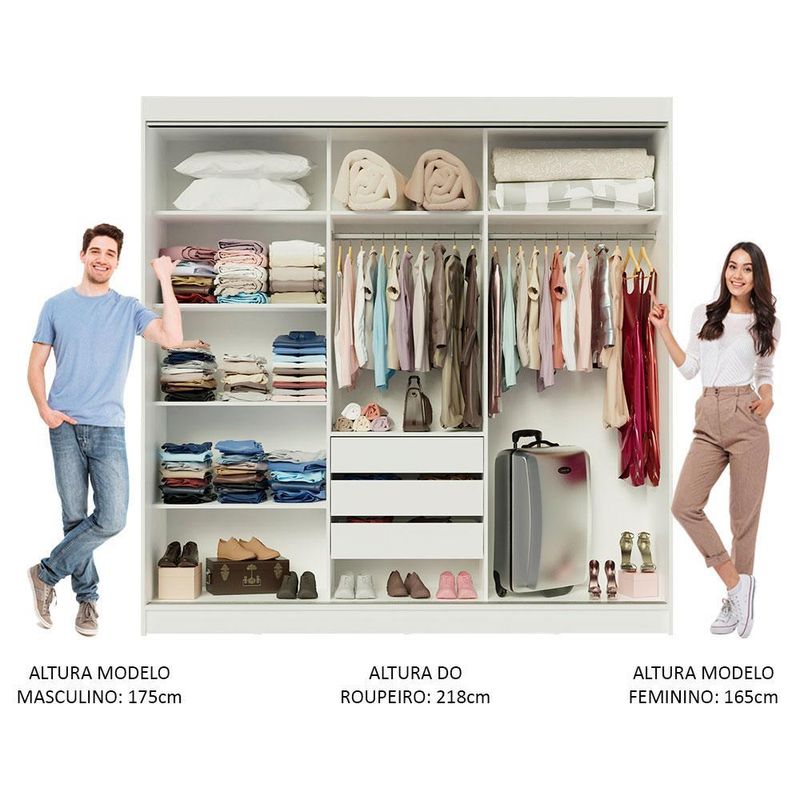 Guarda-roupa casal madesa istambul 3 portas de correr com espelhos 3 gavetas - branco