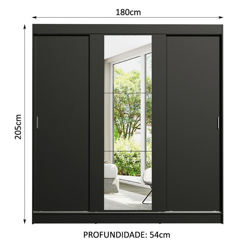 Guarda-roupa casal madesa reno 3 portas de correr com espelho - preto
