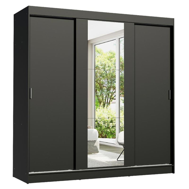 Guarda-roupa casal madesa reno 3 portas de correr com espelho - preto