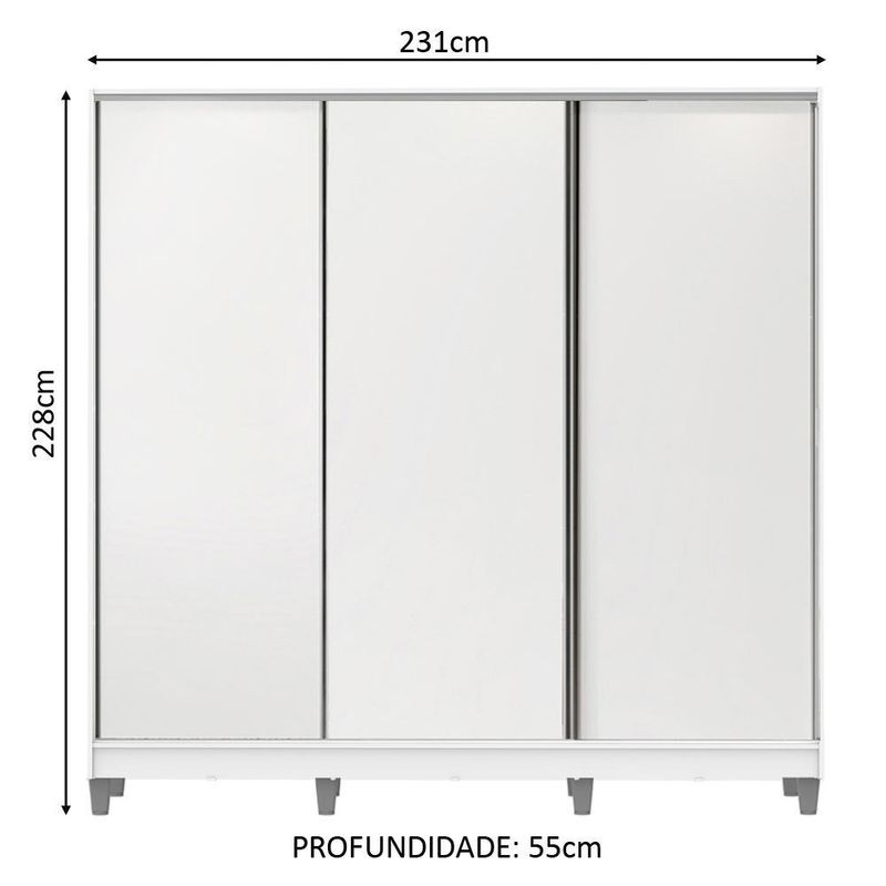 Guarda roupa juvenil 100% mdf madesa kevin 3 portas de correr com pés - branco