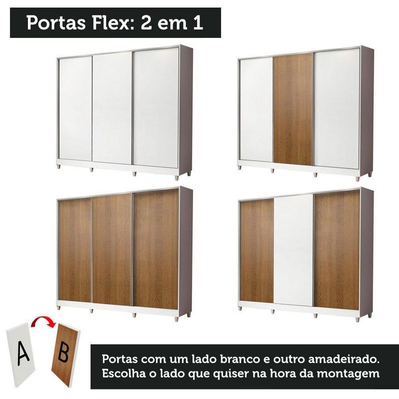 Guarda roupa juvenil 100% mdf madesa kevin 3 portas de correr com pés - branco