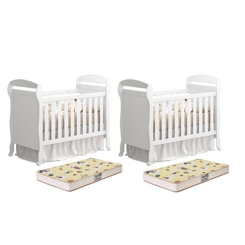 Kit Gêmeos Berço Mini Cama Danny Branco Brilho Com Colchões Supreme - Reller Móveis Branco Brilho