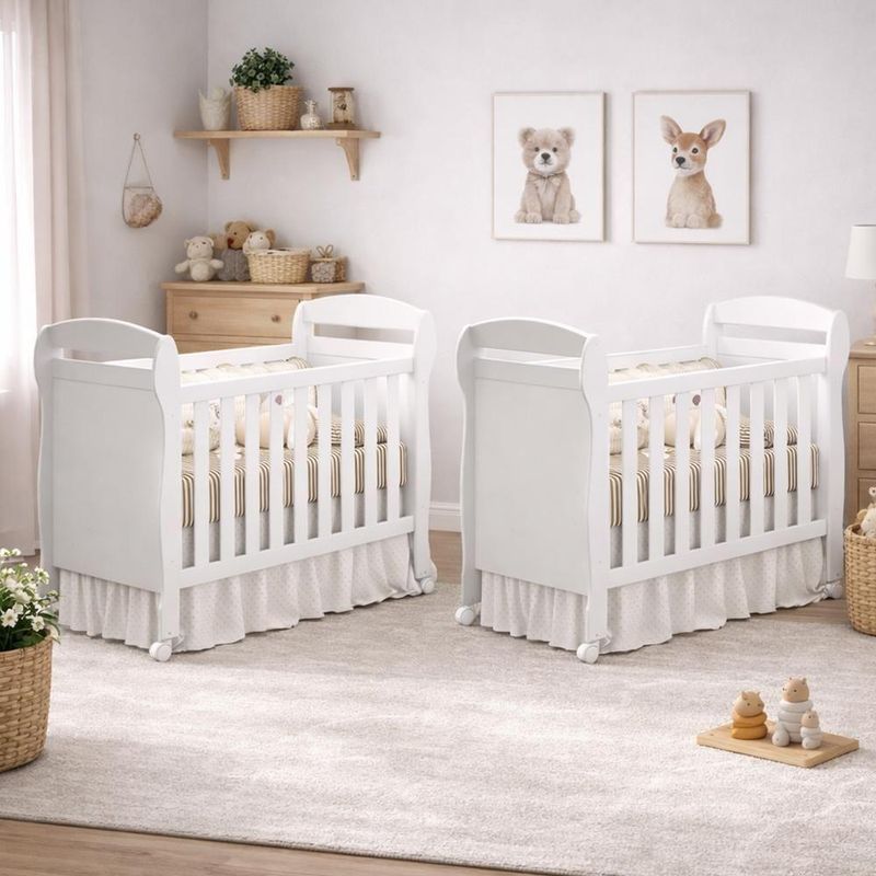 Kit Gêmeos Berço Mini Cama Danny Branco Brilho Com Colchões Supreme - Reller Móveis Branco Brilho
