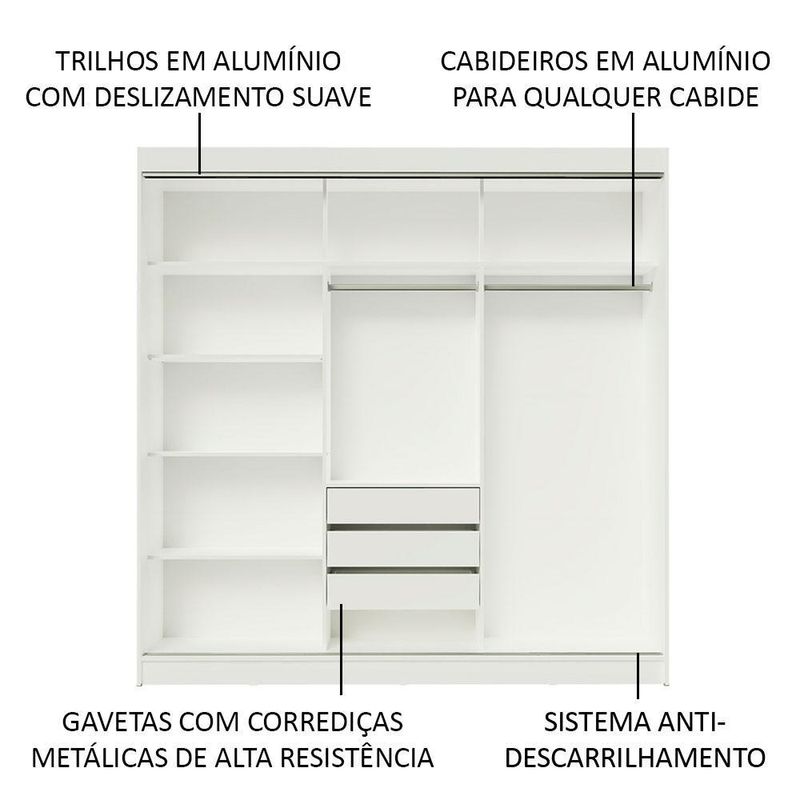Guarda-roupa casal madesa austin 4 portas de correr de espelho 3 gavetas - branco