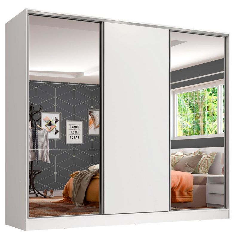 Guarda roupa juvenil 100% mdf madesa kevin 3 portas de correr com espelhos - branco