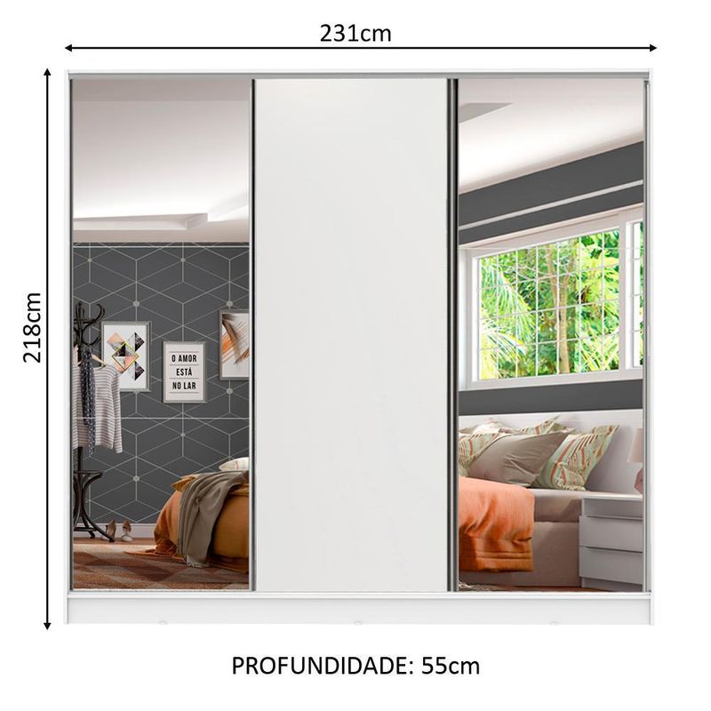 Guarda roupa juvenil 100% mdf madesa kevin 3 portas de correr com espelhos - branco