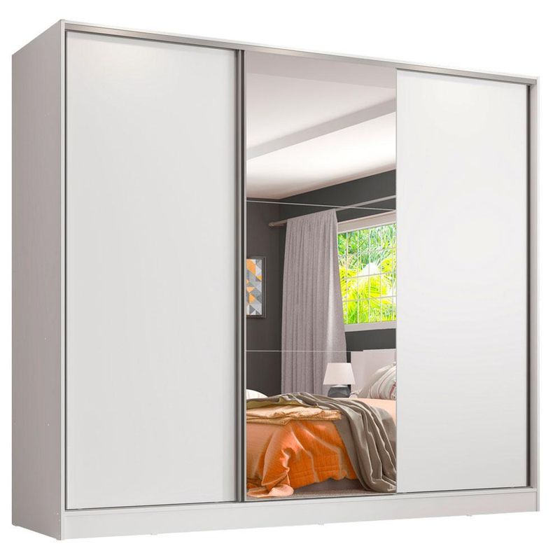 Guarda roupa juvenil 100% mdf madesa kevin 3 portas de correr com espelho - branco