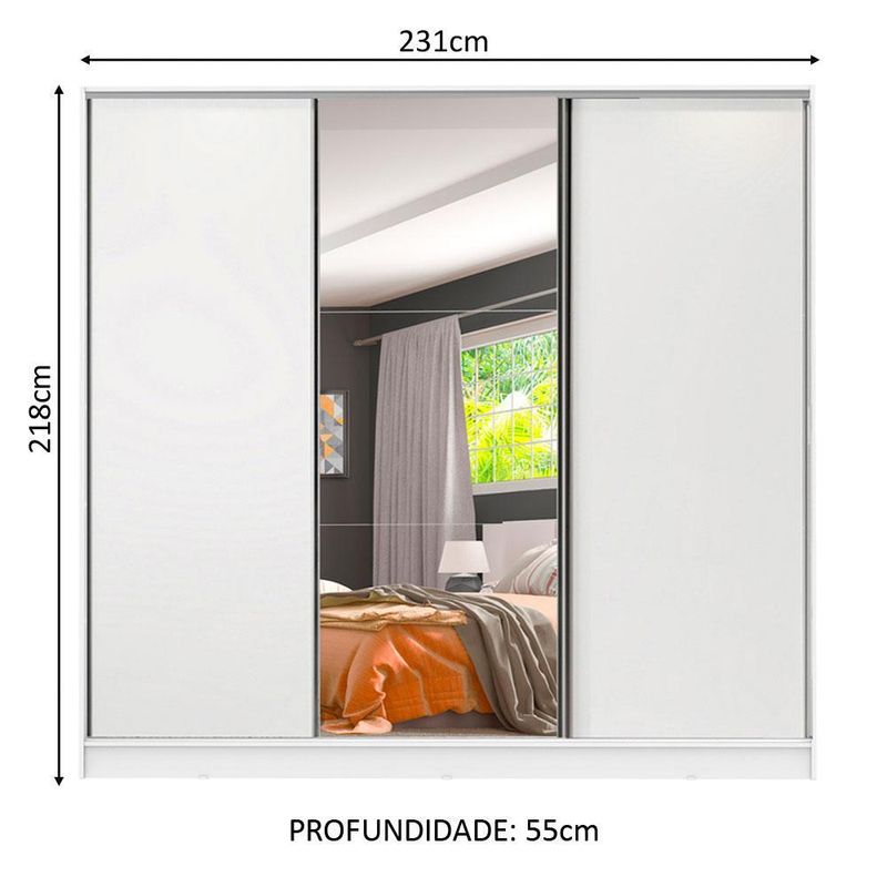 Guarda roupa juvenil 100% mdf madesa kevin 3 portas de correr com espelho - branco