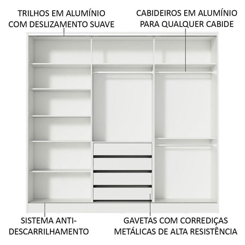 Guarda roupa juvenil 100% mdf madesa kevin 3 portas de correr com espelho - branco