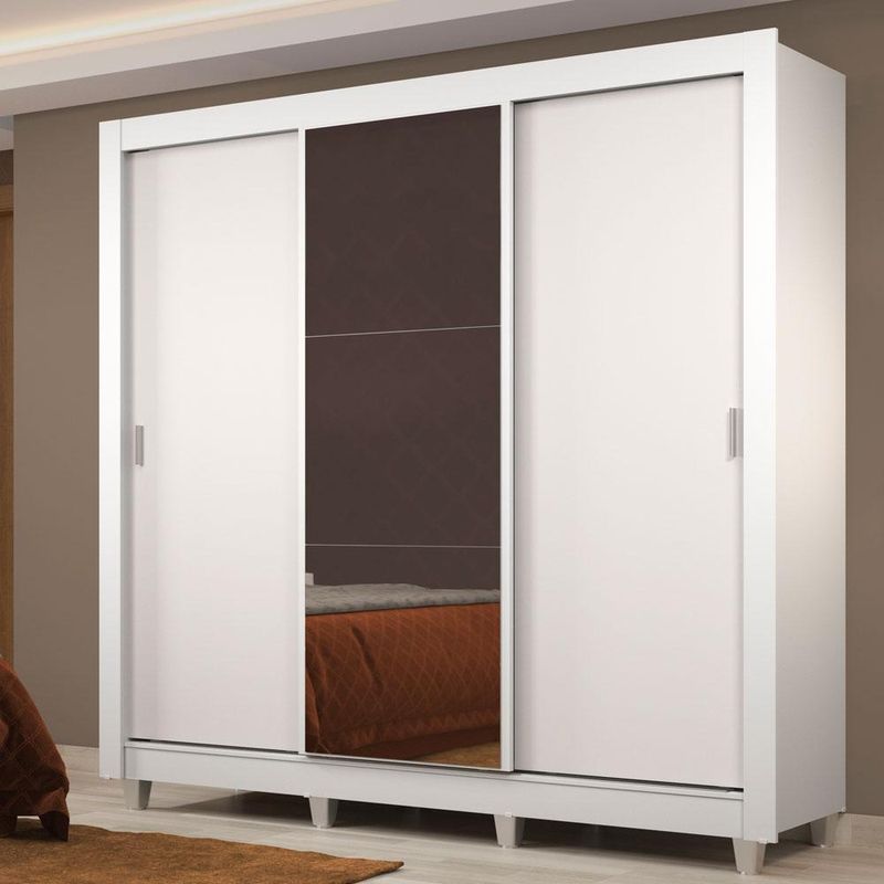 Guarda roupa casal madesa lyon plus 3 portas de correr com espelho 4 gavetas com pés