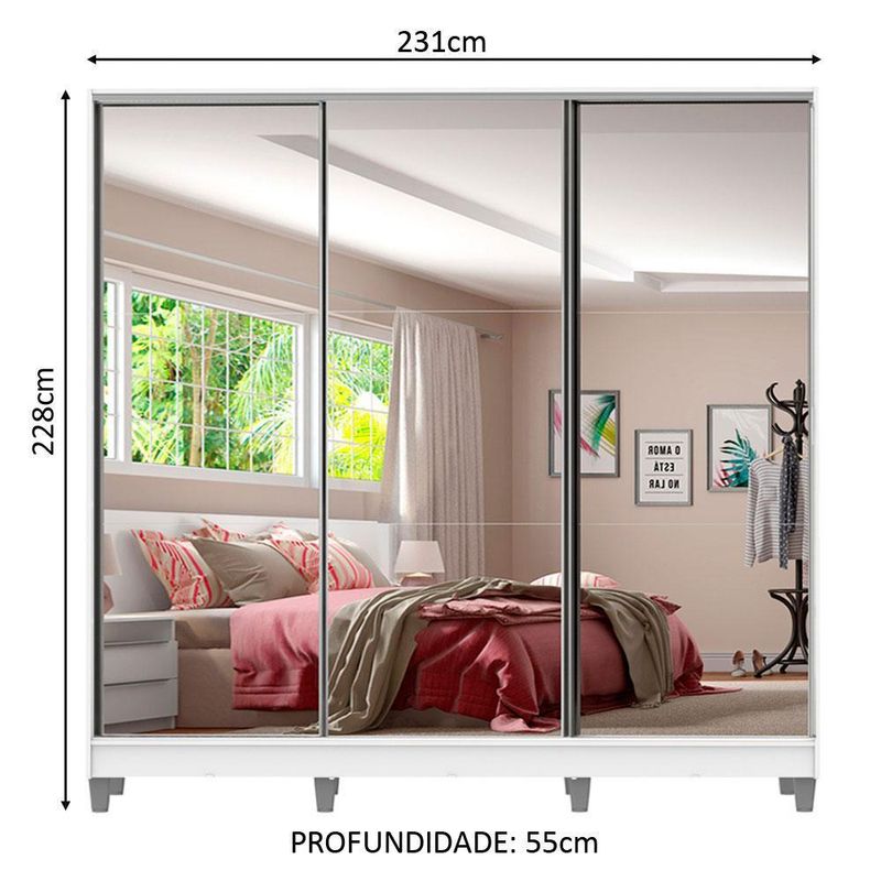 Guarda roupa casal madesa royale 100% mdf 3 portas de correr de espelho com pés