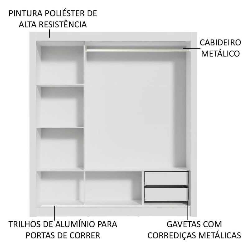 Guarda roupa casal madesa lyon 3 portas de correr com espelho 2 gavetas - branco