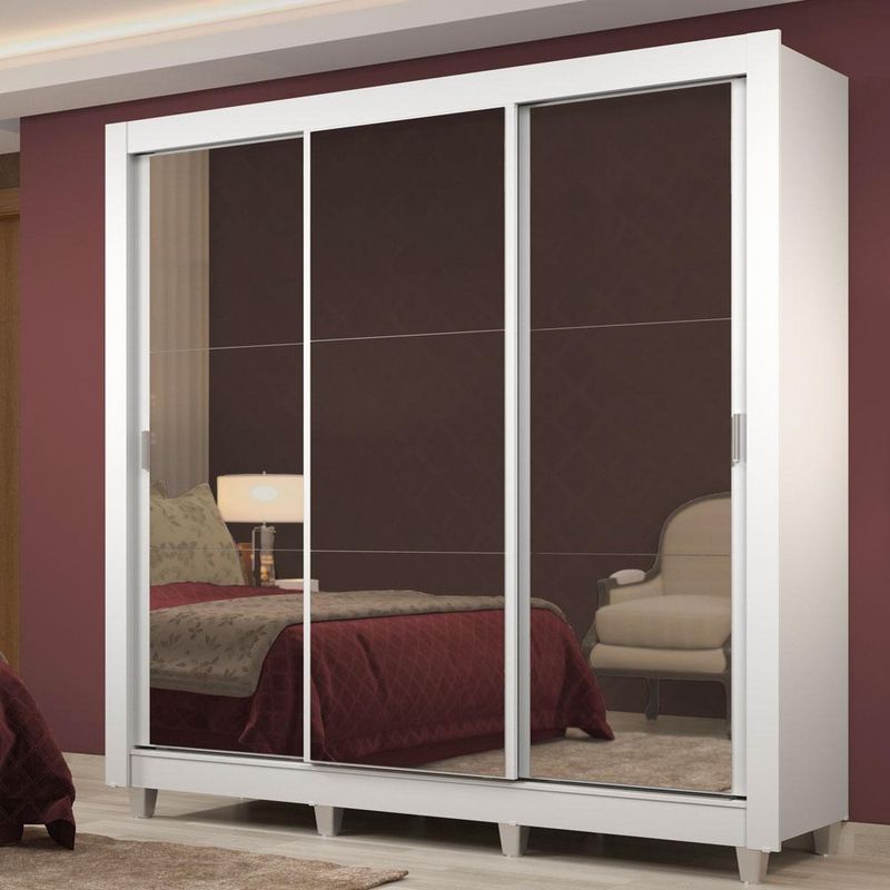 Guarda roupa casal madesa lyon plus 3 portas de correr de espelho 4 gavetas com pés