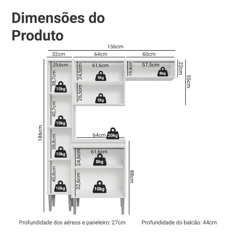 Armário de cozinha compacta 156cm emilly madesa branco 01