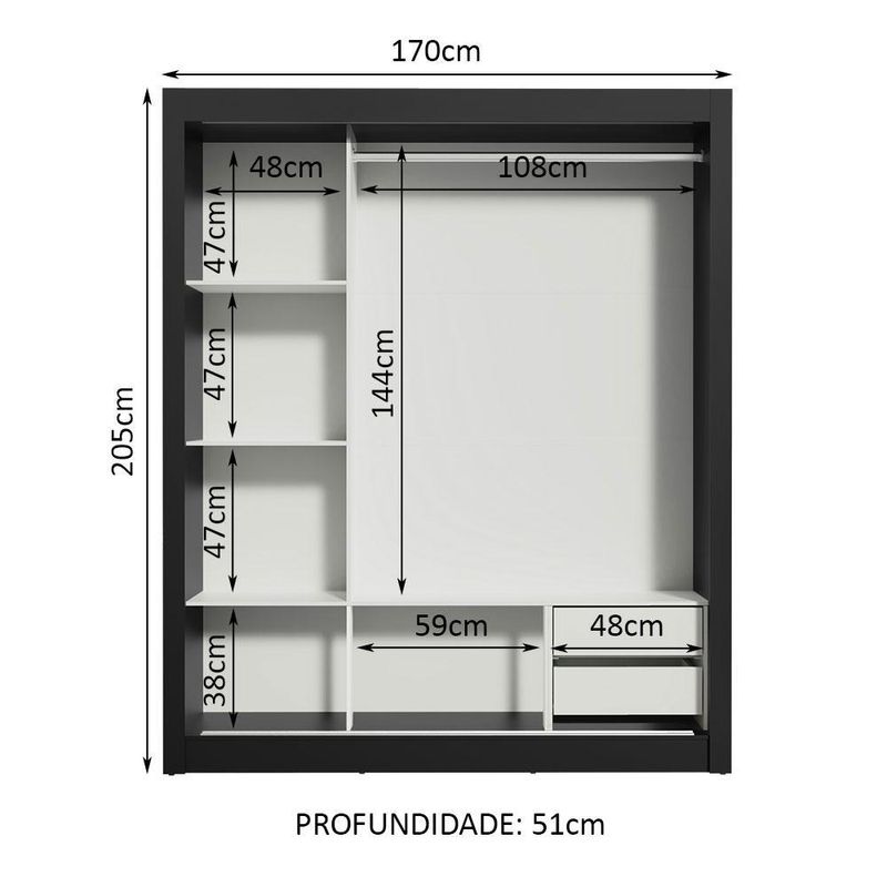 Guarda roupa casal madesa lyon 3 portas de correr 2 gavetas - preto