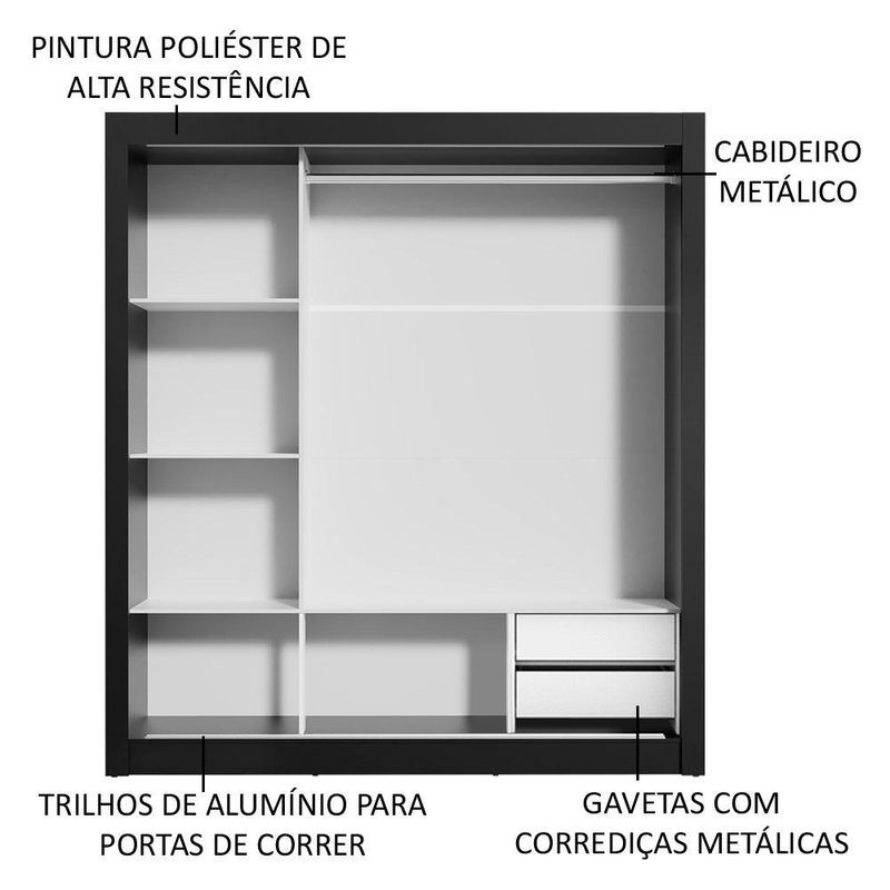 Guarda roupa casal madesa lyon 3 portas de correr 2 gavetas - preto
