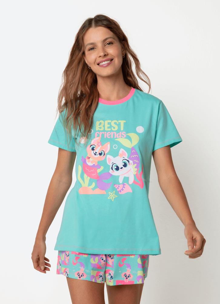 Pijama manga curta algod??o feminino pet sereia