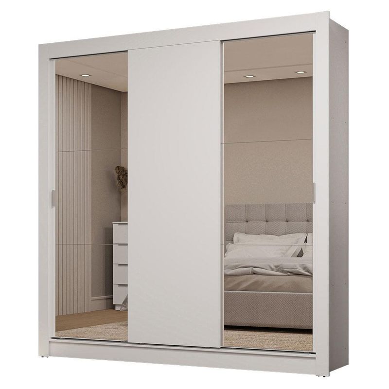Guarda-roupa casal 3 portas de correr com espelhos 2 gavetas branco sublime madesa