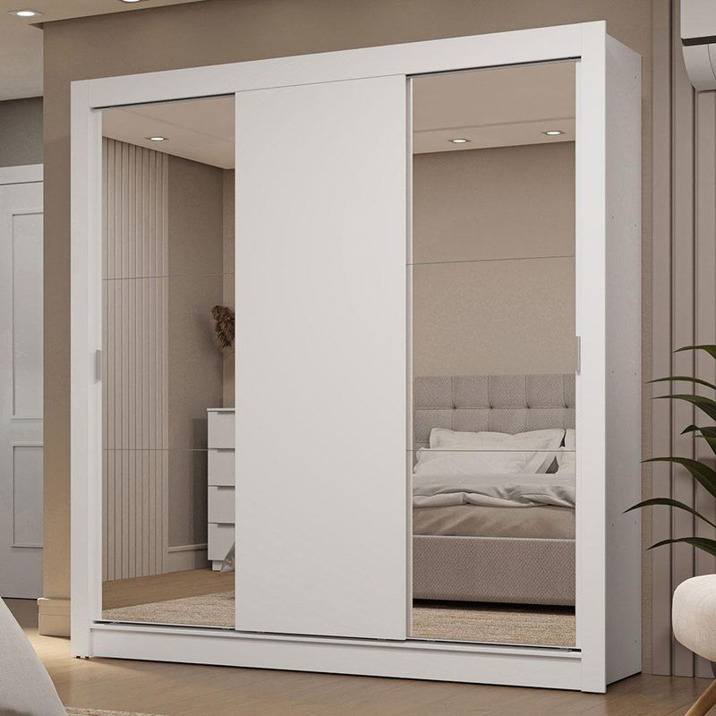 Guarda-roupa casal 3 portas de correr com espelhos 2 gavetas branco sublime madesa