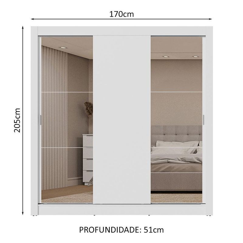 Guarda-roupa casal 3 portas de correr com espelhos 2 gavetas branco sublime madesa