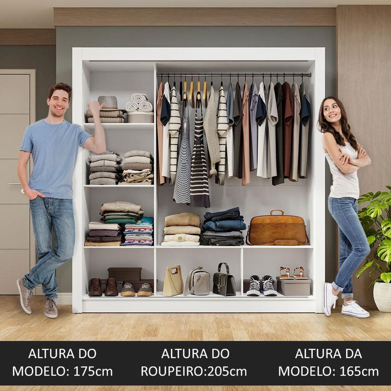 Guarda-roupa casal 3 portas de correr com espelho branco nobre madesa