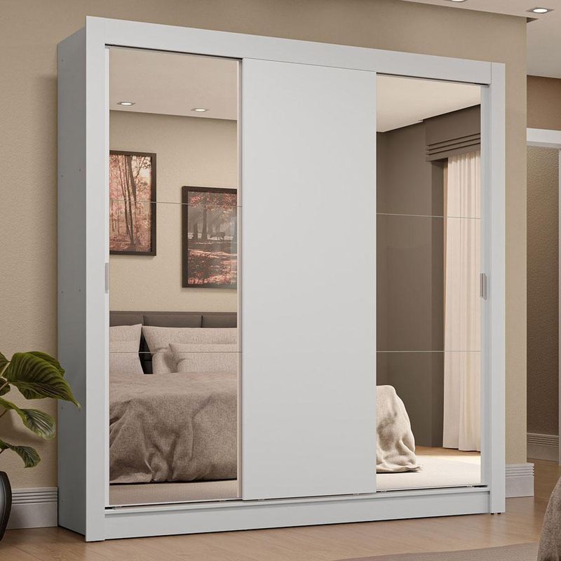 Guarda-roupa casal 3 portas de correr com espelhos 4 gavetas branco sublime plus madesa