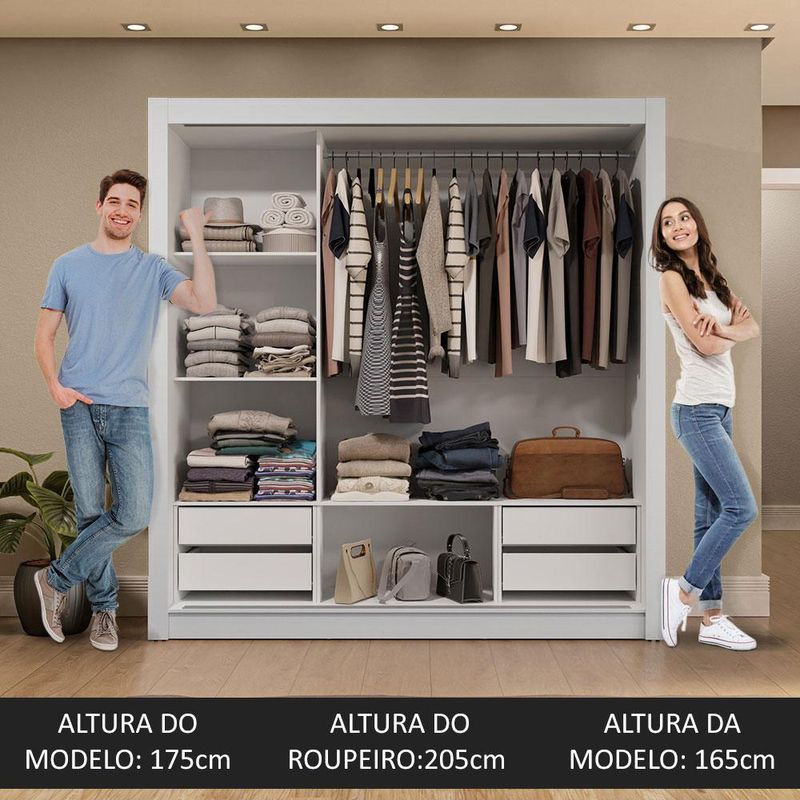 Guarda-roupa casal 3 portas de correr com espelhos 4 gavetas branco sublime plus madesa