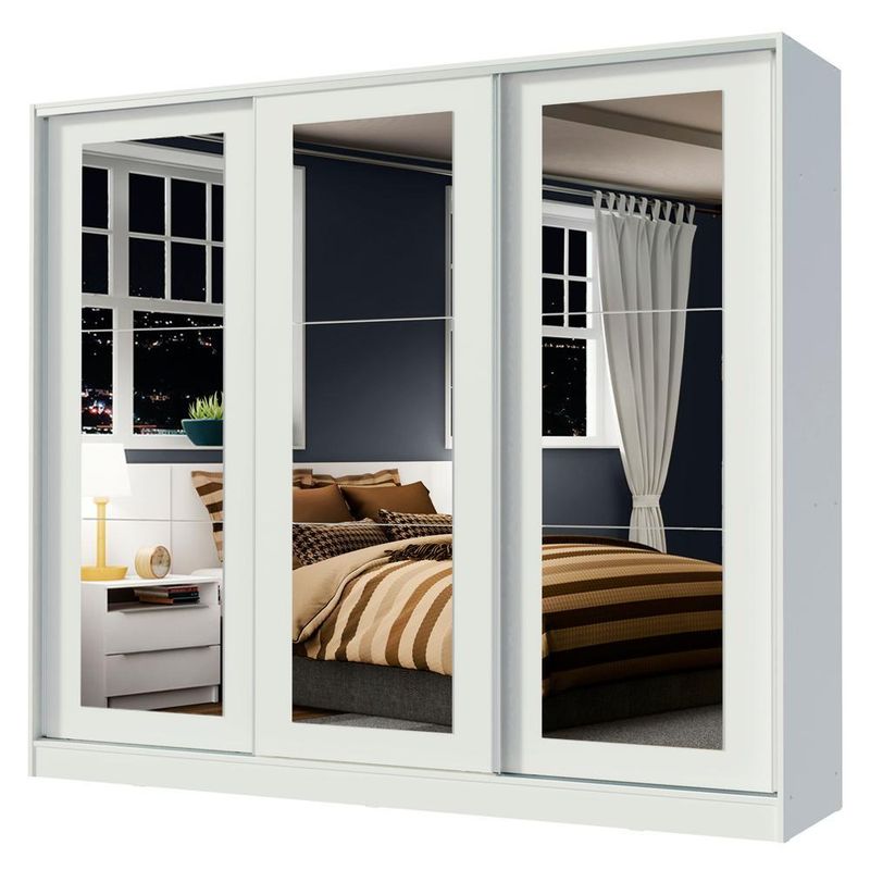 Guarda-roupa casal 100% mdf madesa eros 3 portas de correr de espelho - branco