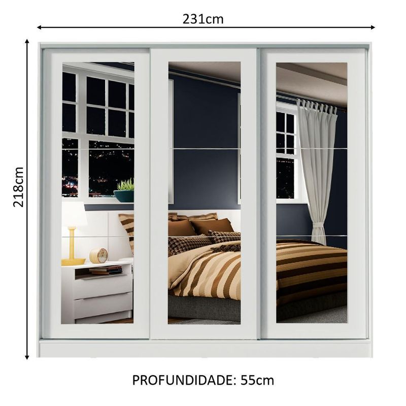 Guarda-roupa casal 100% mdf madesa eros 3 portas de correr de espelho - branco