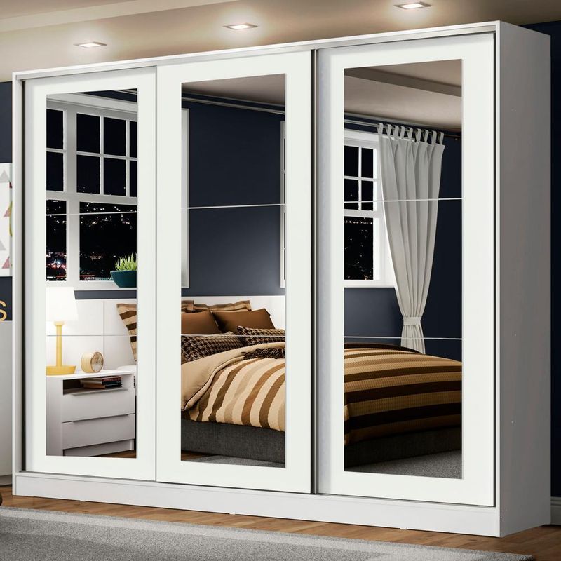 Guarda-roupa casal 100% mdf madesa eros 3 portas de correr de espelho - branco