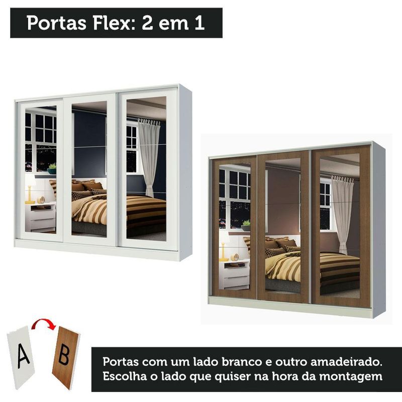 Guarda-roupa casal 100% mdf madesa eros 3 portas de correr de espelho - branco