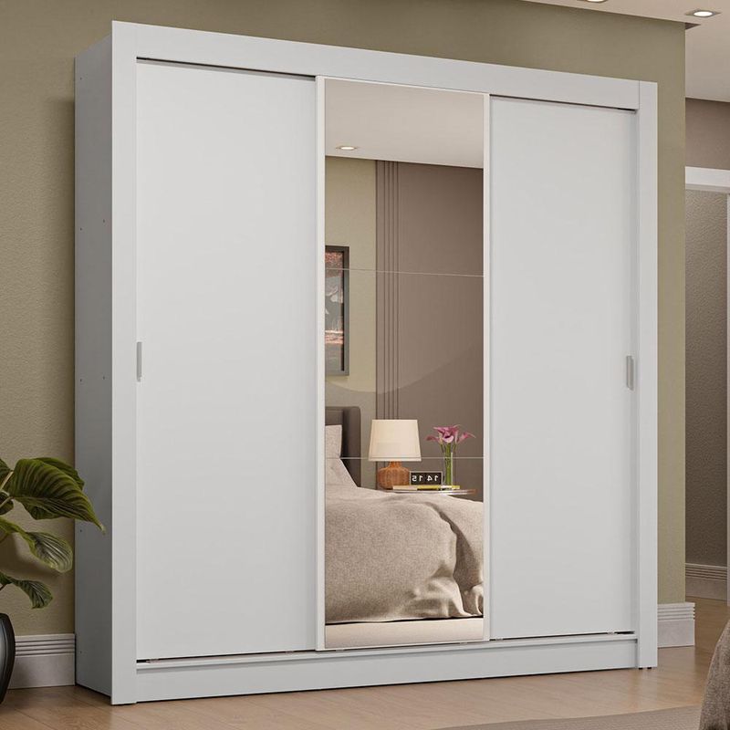 Guarda-roupa casal 3 portas de correr com espelho 4 gavetas branco sublime plus madesa