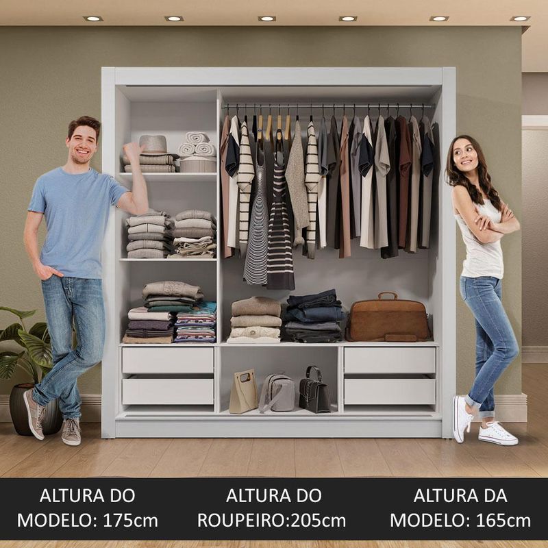 Guarda-roupa casal 3 portas de correr com espelho 4 gavetas branco sublime plus madesa