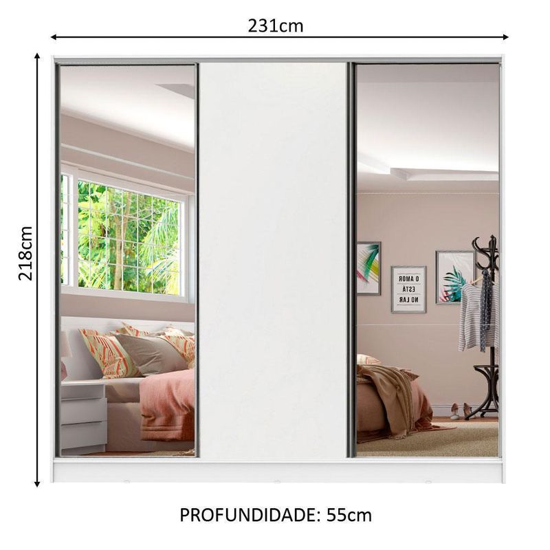 Guarda roupa casal 100% mdf madesa royale 3 portas de correr com espelhos - branco