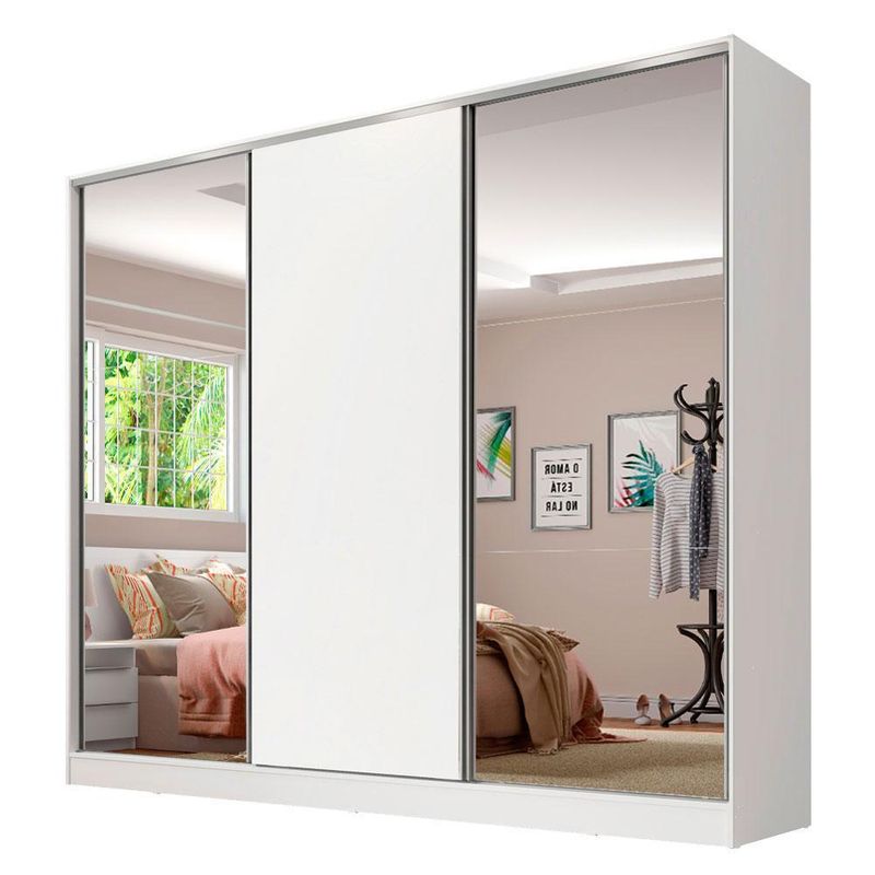 Guarda roupa casal 100% mdf madesa royale 3 portas de correr com espelhos - branco