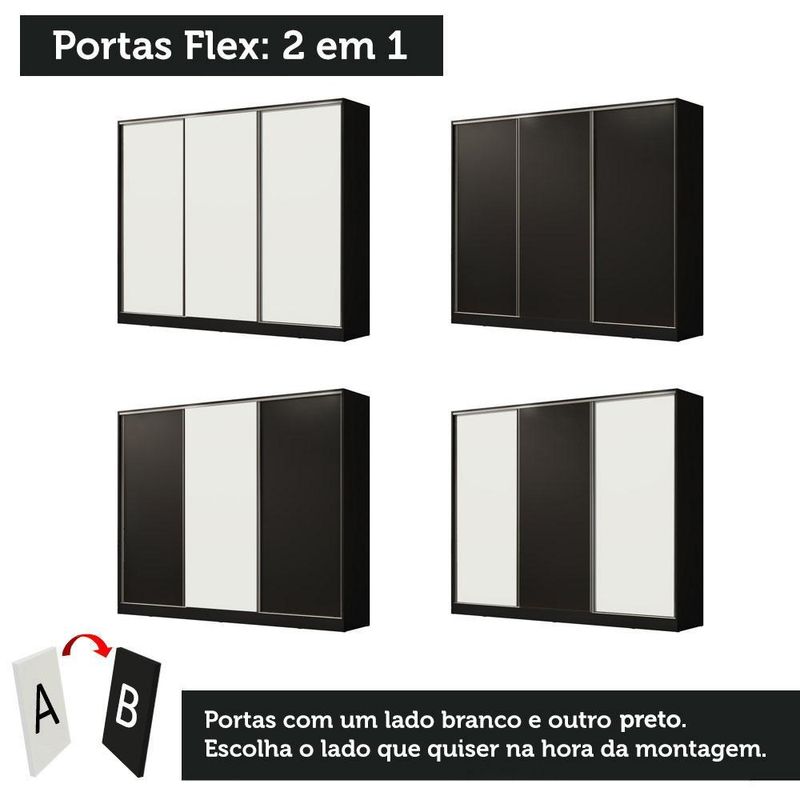 Guarda roupa casal 100% mdf madesa royale 3 portas de correr - preto