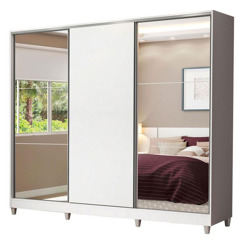 Guarda roupa casal 100% mdf madesa royale 3 portas de correr com espelho com p??s - branco