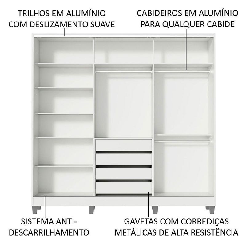 Guarda roupa casal 100% mdf madesa royale 3 portas de correr com espelho com p??s - branco