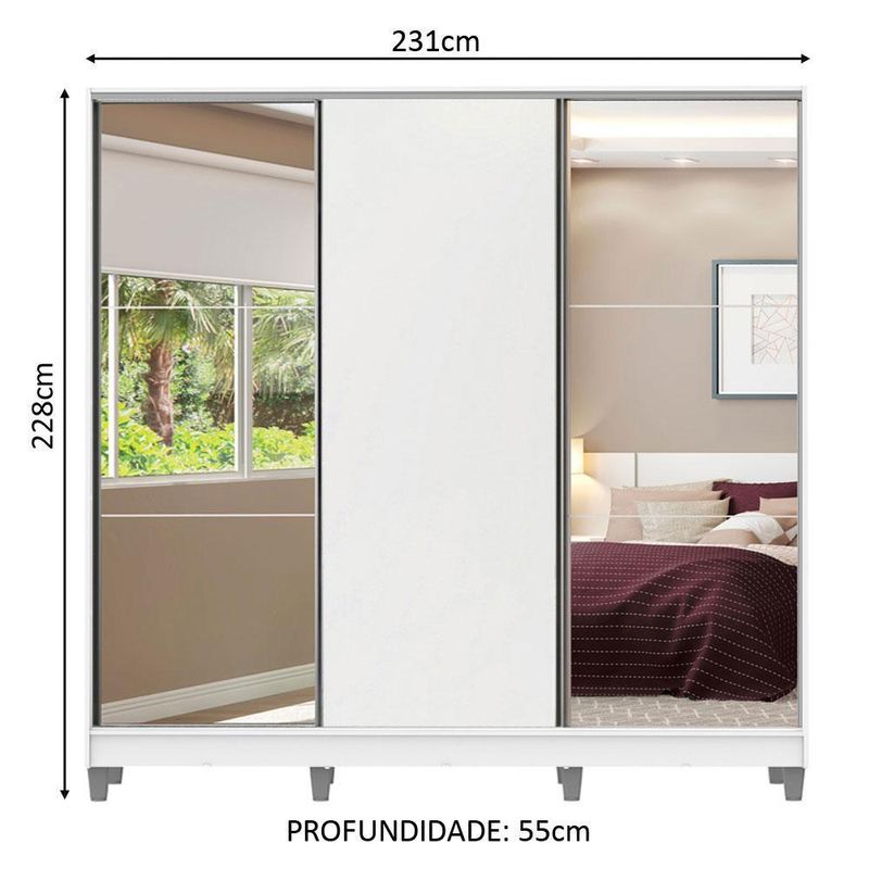 Guarda roupa casal 100% mdf madesa royale 3 portas de correr com espelho com p??s - branco